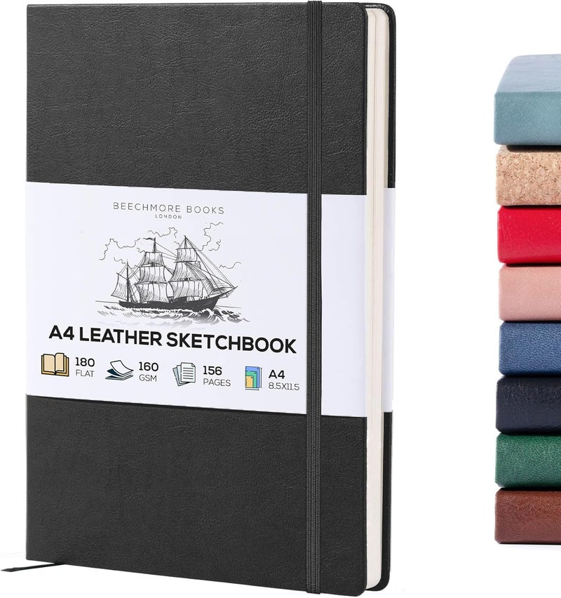 Beechmore Books A4 Sketchbook – 8.5x11 Premium Vegan Leather Bound Large Sketch Book Hardcover with 156 Thick 160gsm Perforated Ivory Pages, Blank Sketch Pad, Gift Boxed, Back Pocket, Ribbon Bookmark - Image 1